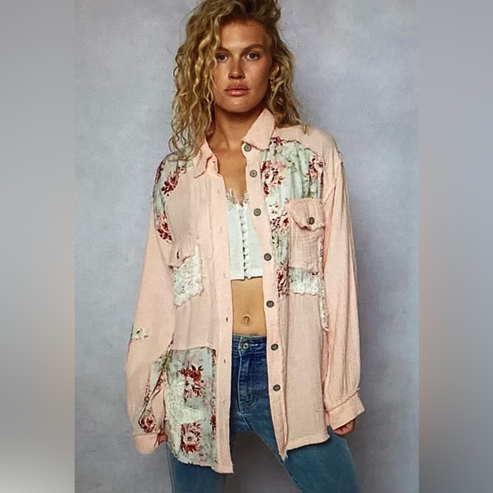 POL Blush Pink Floral and Crochet Lace Star Patchwork Shirt